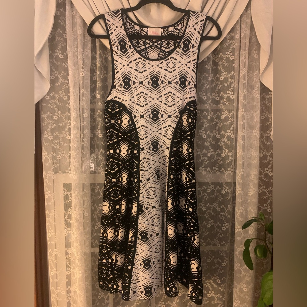 Parker Strerchy Knit Black and White Fit and Flare Dress Large